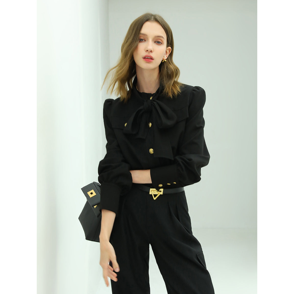 smart bow tie neck button down black shirt all black 1