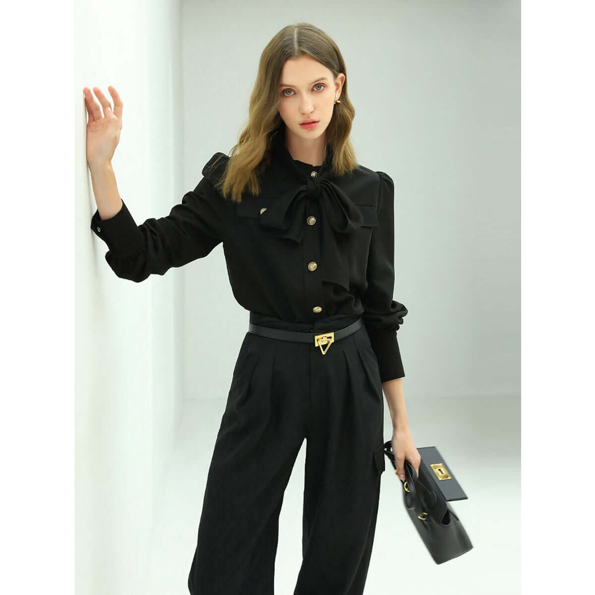 smart bow tie neck button down black shirt all black 2