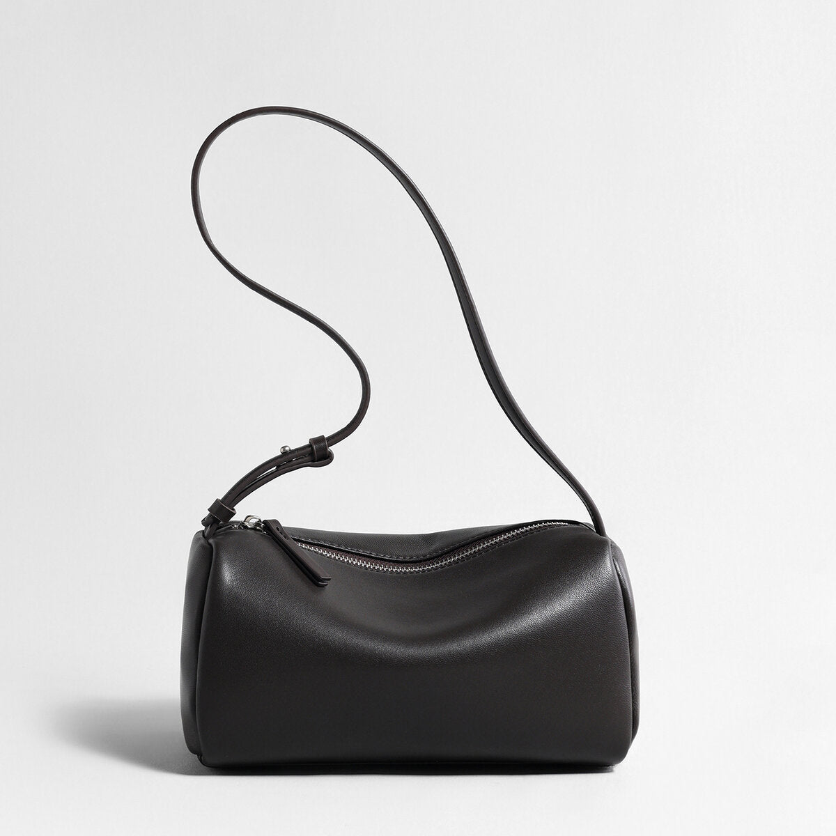 Soft Lambskin Leather Barrel Shoulder Bag – Curved-Zip Cylinder Design with Adjustable Crossbody Strap