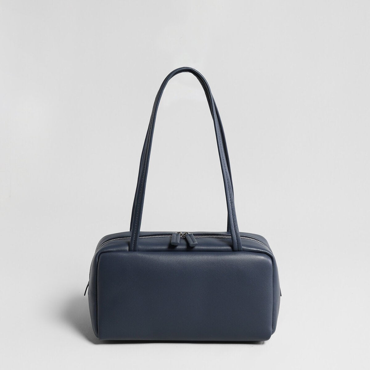 Soft Lambskin Leather Pillow Box Bag – Structured Dual-Zip Top Handle Bag with Double Handles
