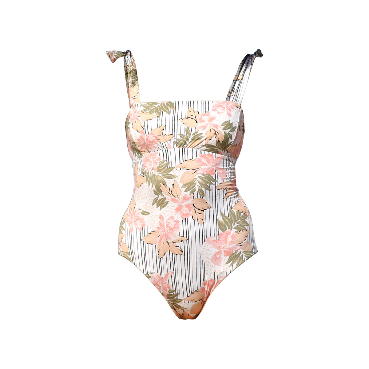 square neck shoulder tie one piece swimsuit all floral 4