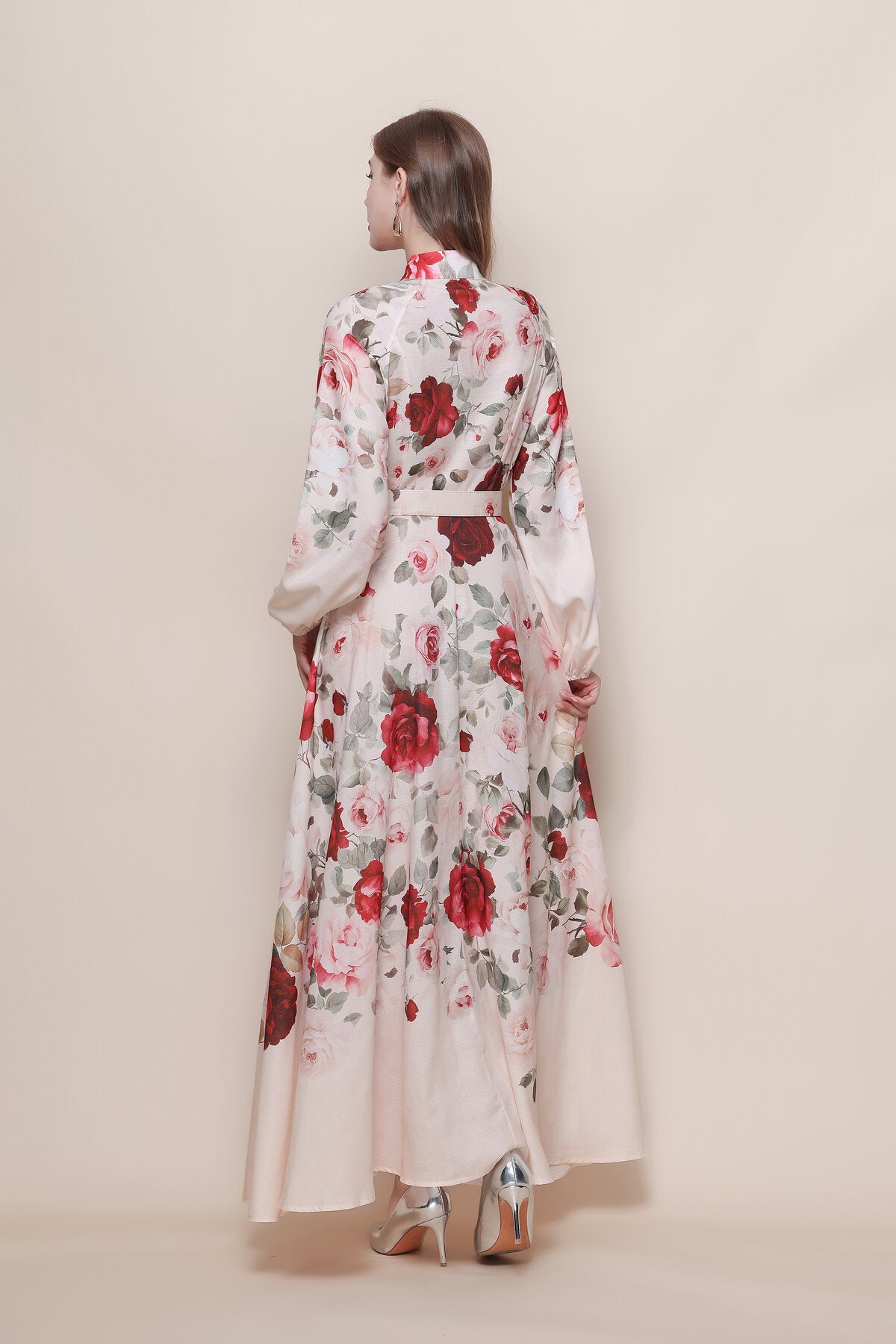 Stand Collar Cascading Rose Print Maxi Dress