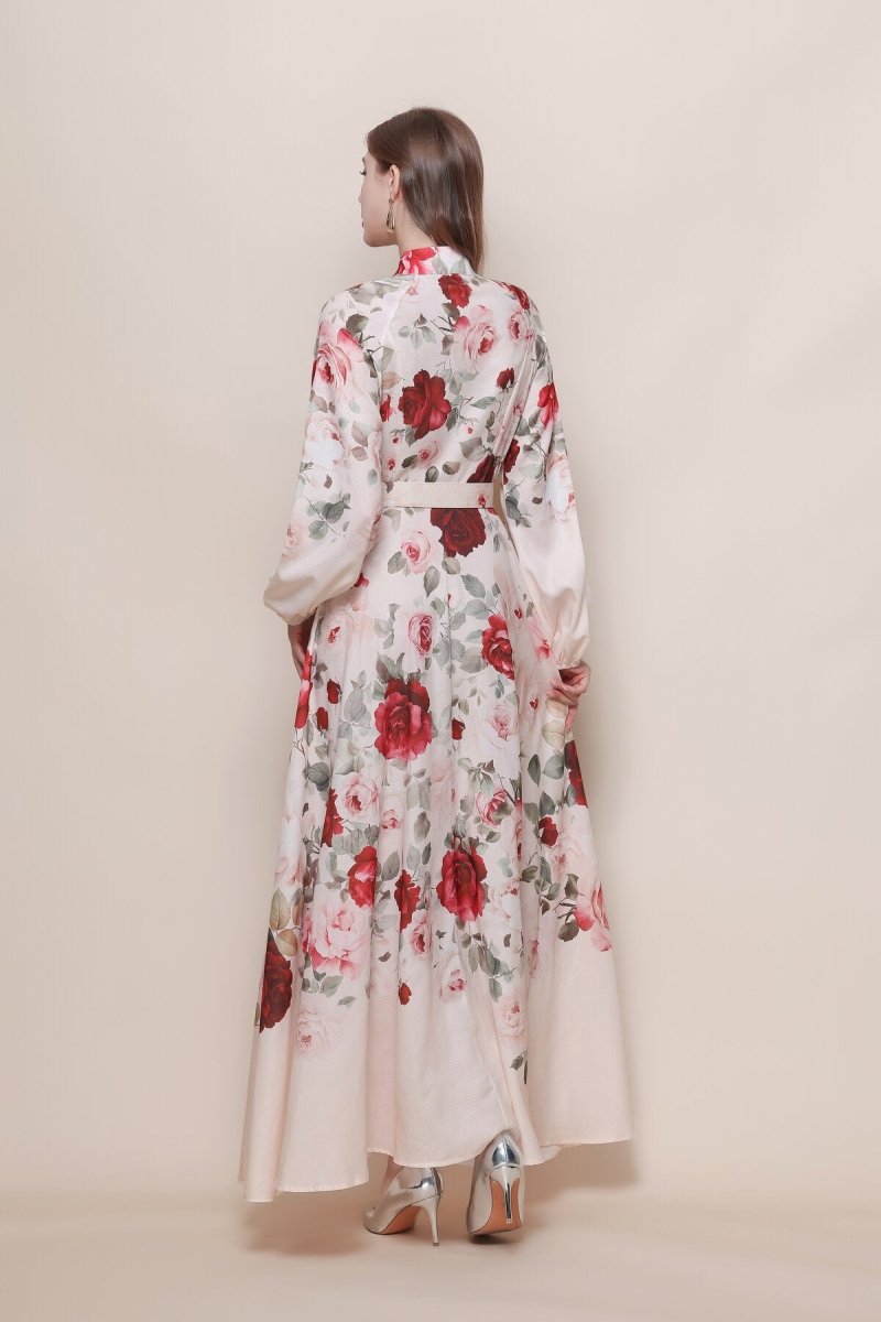 Stand Collar Cascading Rose Print Maxi Dress