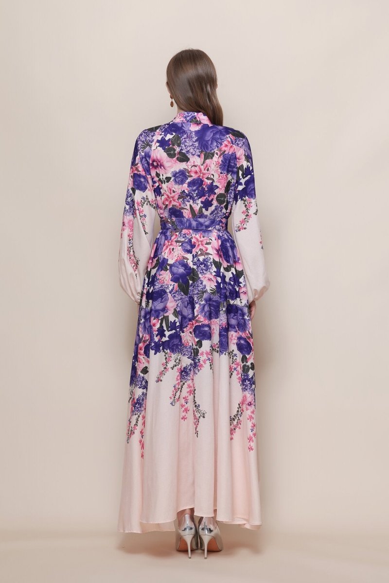 Stand Collar Cascading Violet Peony Print Maxi Dress with Balloon Sleeves and Jeweled Buckle Belt