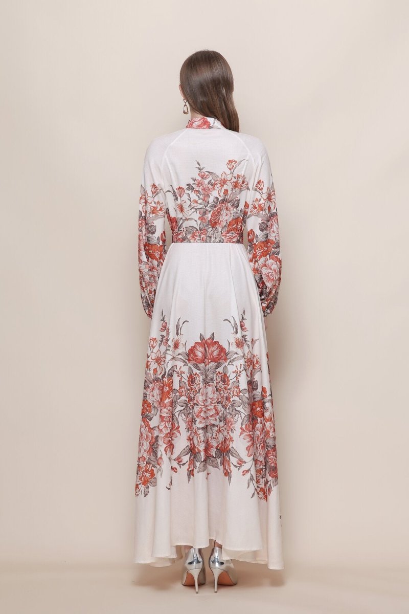 Stand Collar Floral Placement Print Maxi Dress with Balloon Sleeves and Jeweled Belt Buckle
