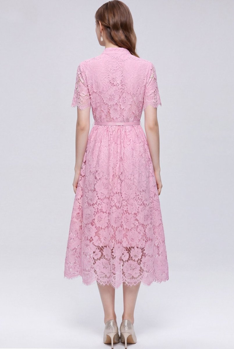 Stand Collar Floral Lace Midi Dress with Pearl Buttons and Scalloped Hem
