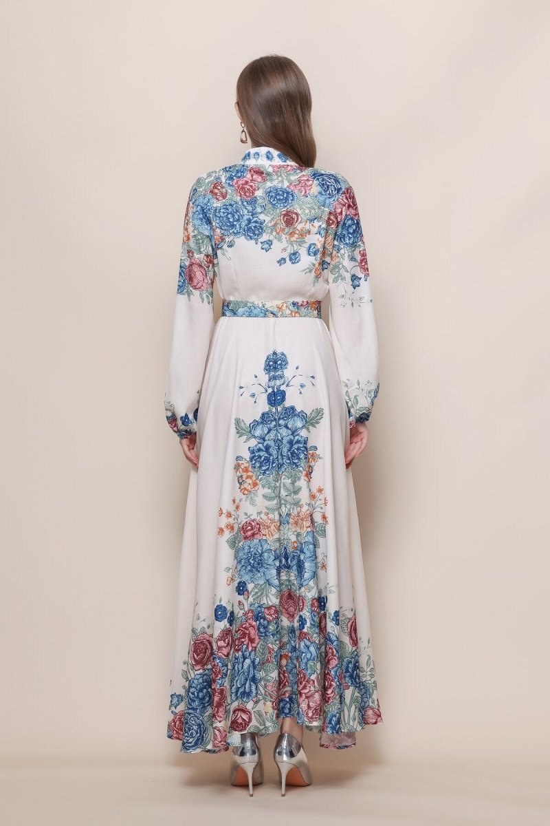 Stand Collar Rose Bouquet Column Print Maxi Dress with Balloon Sleeves and Jeweled Belt Buckle