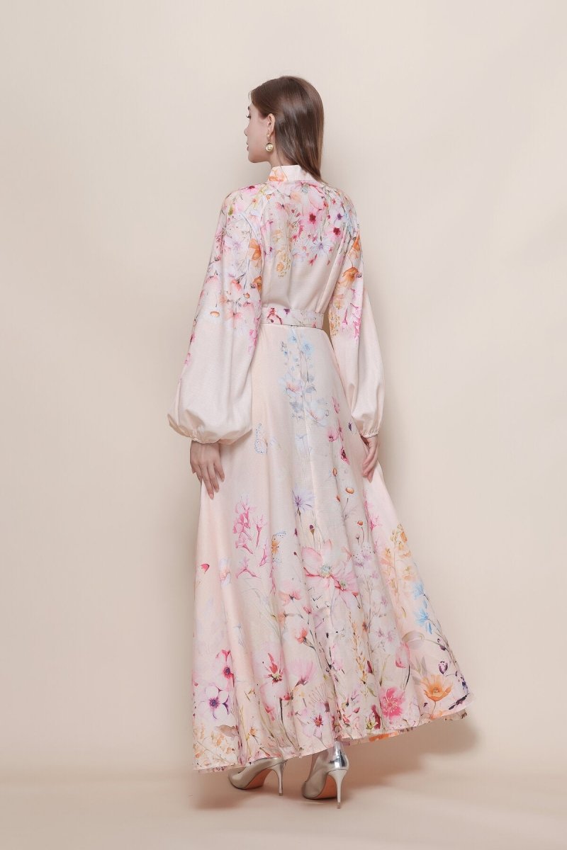 Stand Collar Scattered Wildflower Print Maxi Dress with Balloon Sleeves and Jeweled Buckle Belt