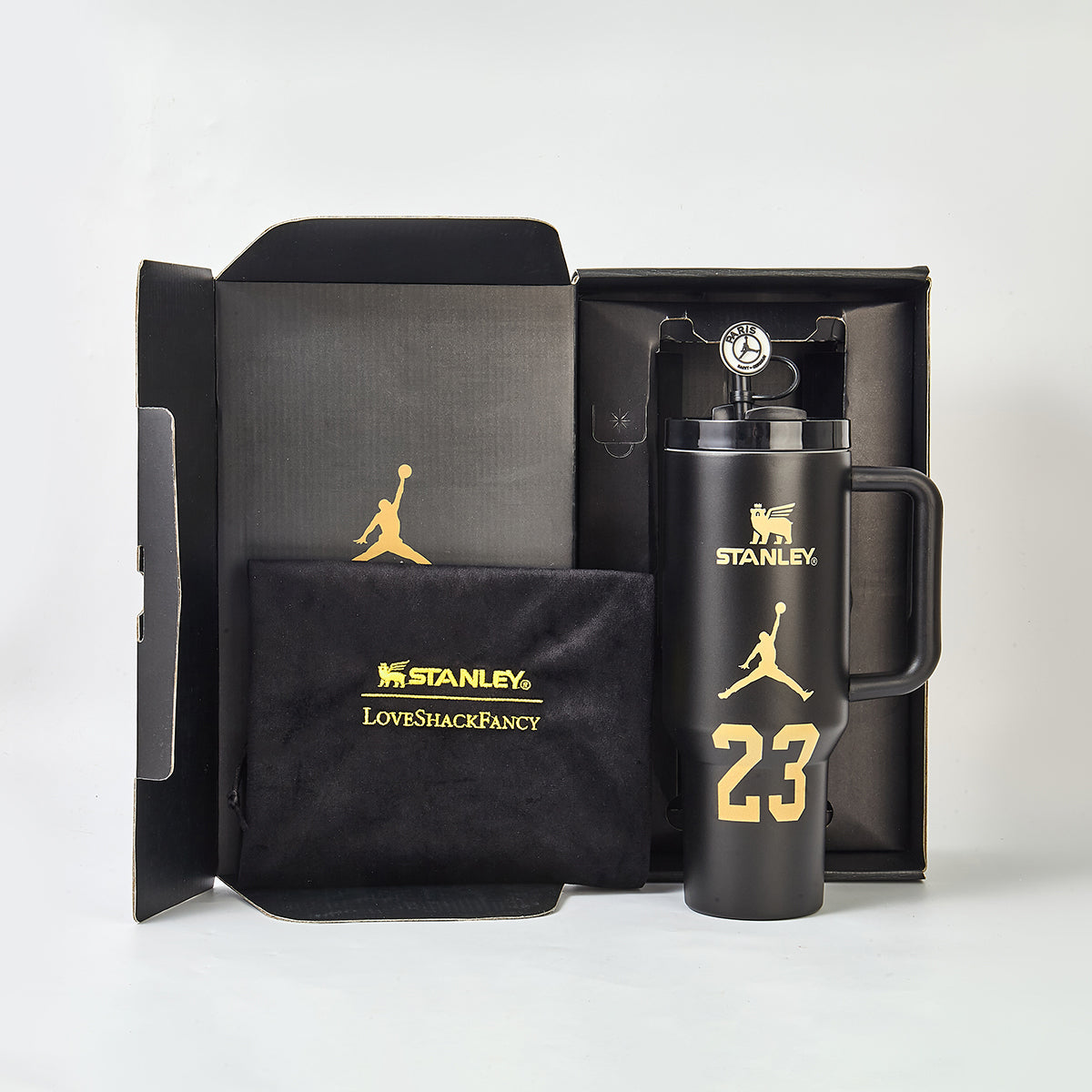 Stanley x Air Jordan 23 Retro 40oz Quencher H2.0 Tumbler – Matte Black Gold Jumpman