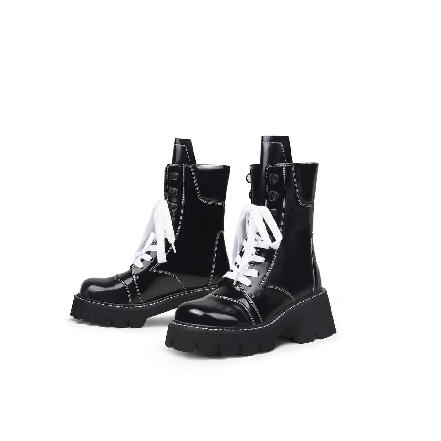 stitched white lace up black combat boots all black 5