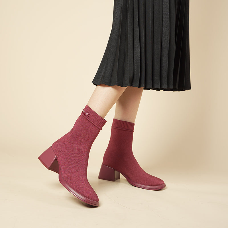 Stretch Knit Sock Boots – Block Heel Ankle Boots