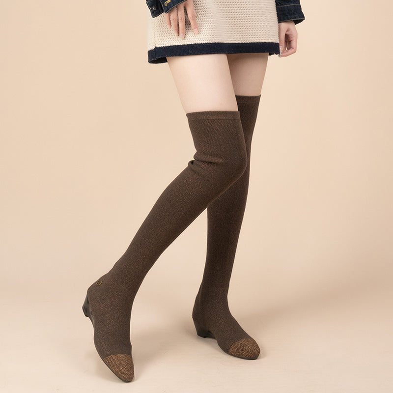 Stretch Over the Knee Boots – Low Heel Wool Knit Thigh High Boots
