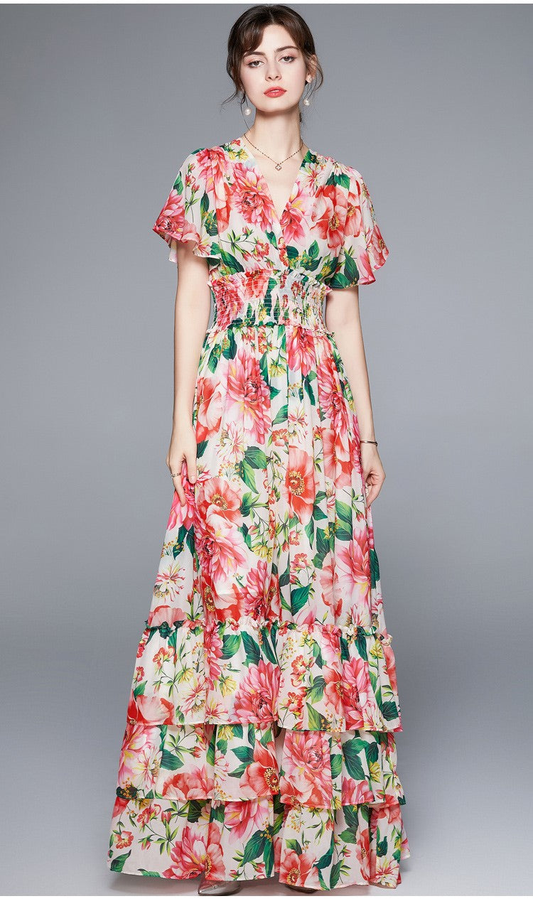 stretchy floral v neck ruffled waist maxi dress all floral 1