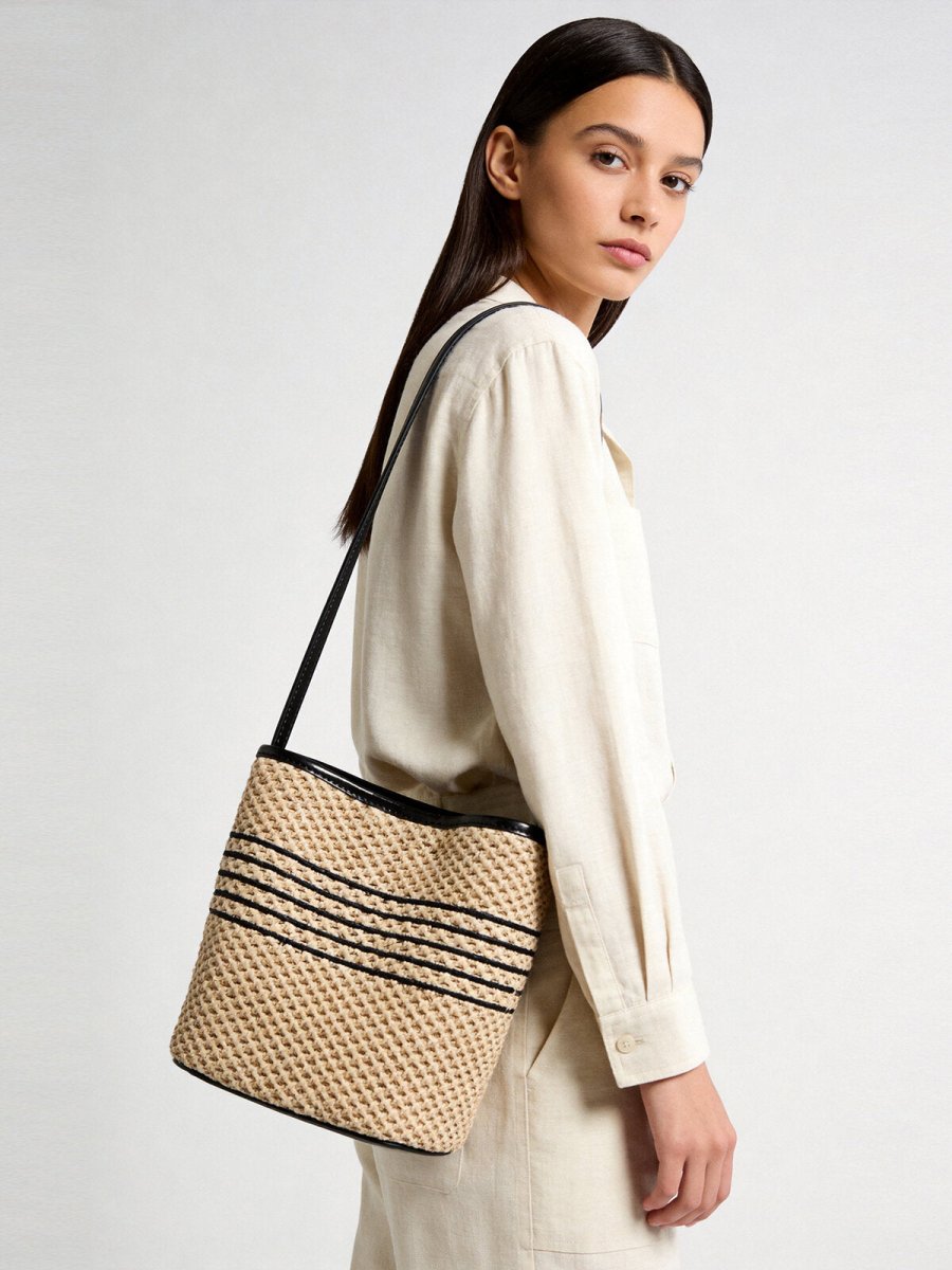 Striped Woven Straw Bucket Bag – Marte Grass Leather Trim Shoulder Bag
