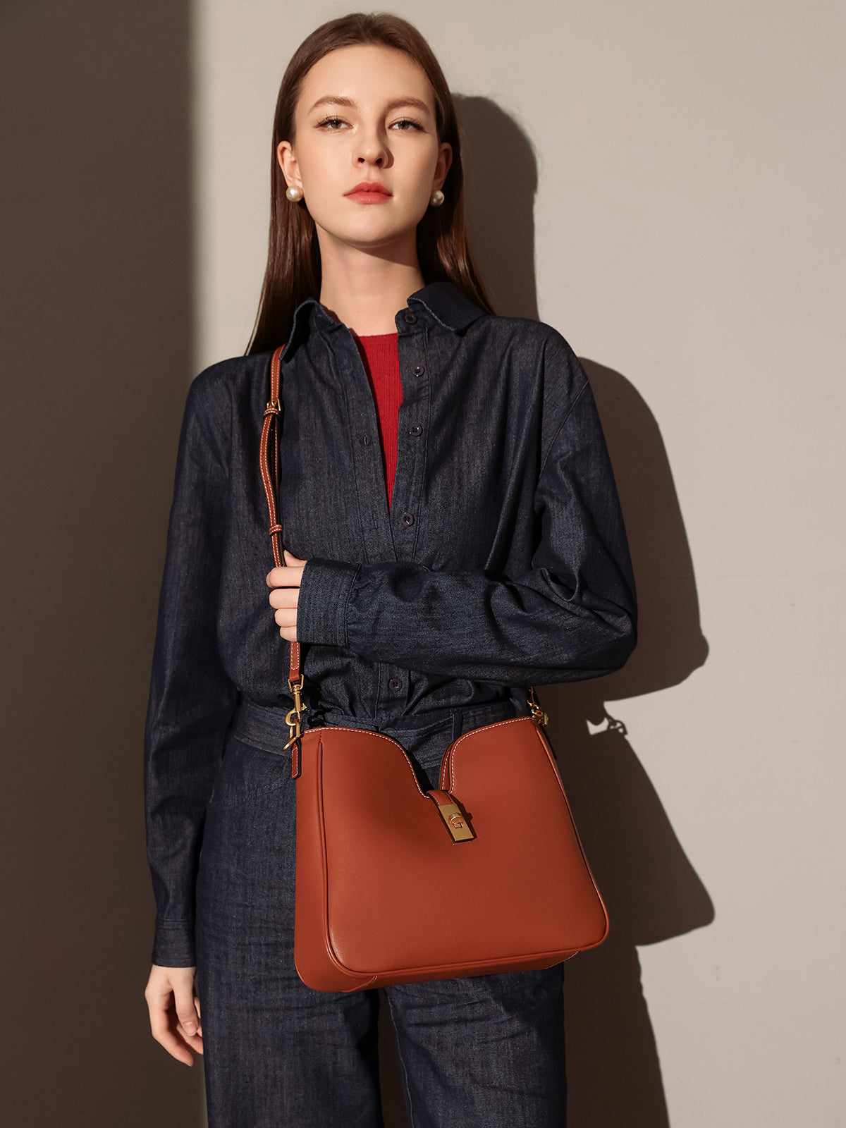 stylish scallop leather tote bag brown 6