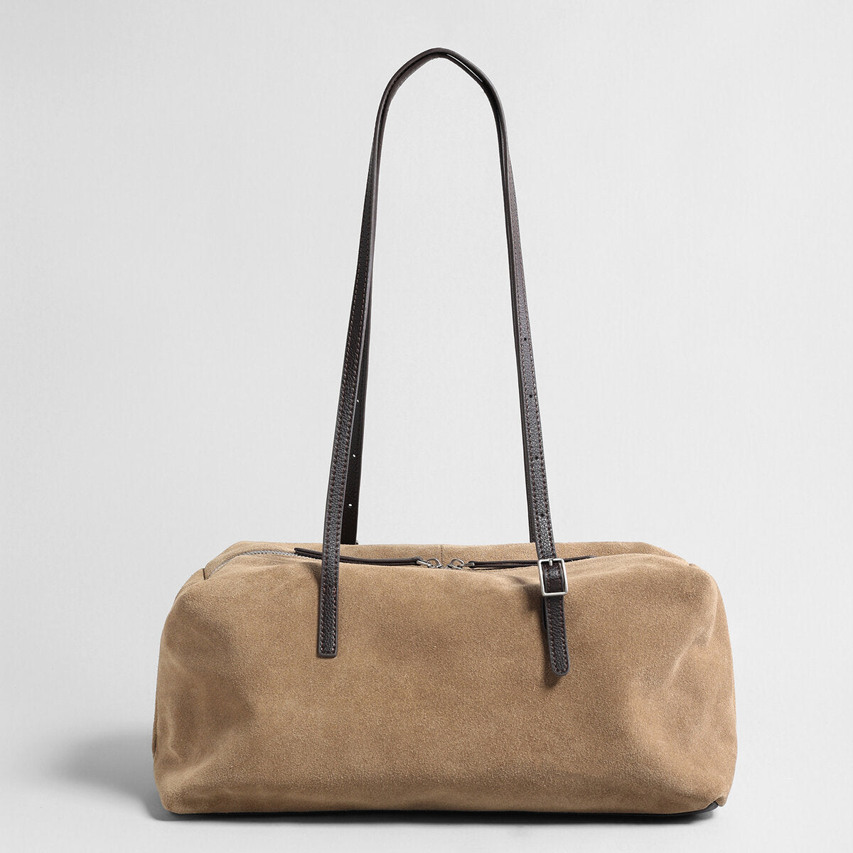 Suede Leather East-West Bowling Bag – Structured Shoulder Bag with Adjustable Buckle Straps