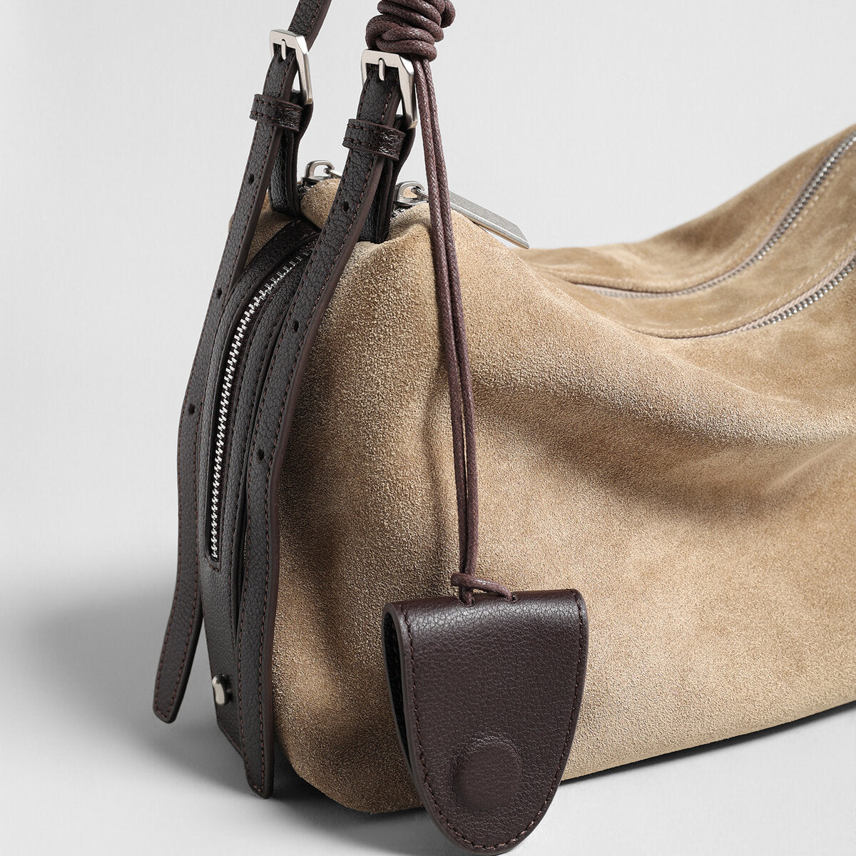 Suede Leather Slouchy Pillow Shoulder Bag – Dual-Zip Hobo with Knotted Strap