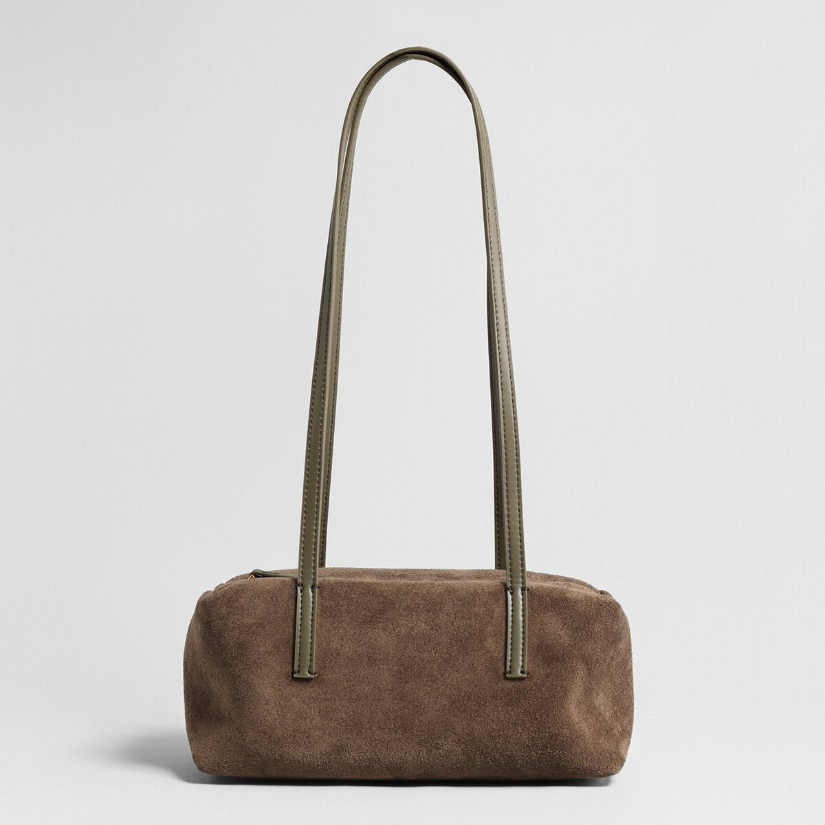 Suede Leather Structured Bowling Bag – Rectangular Zip-Top Shoulder Bag with Long Leather Handles