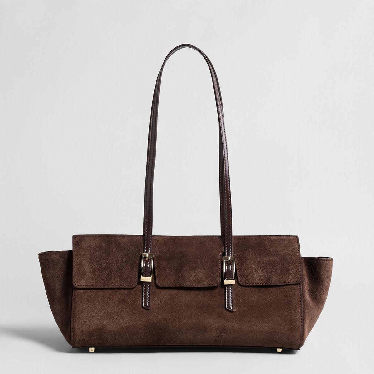 Suede Leather Winged Shoulder Bag – East-West Tote with Double Buckle Pockets