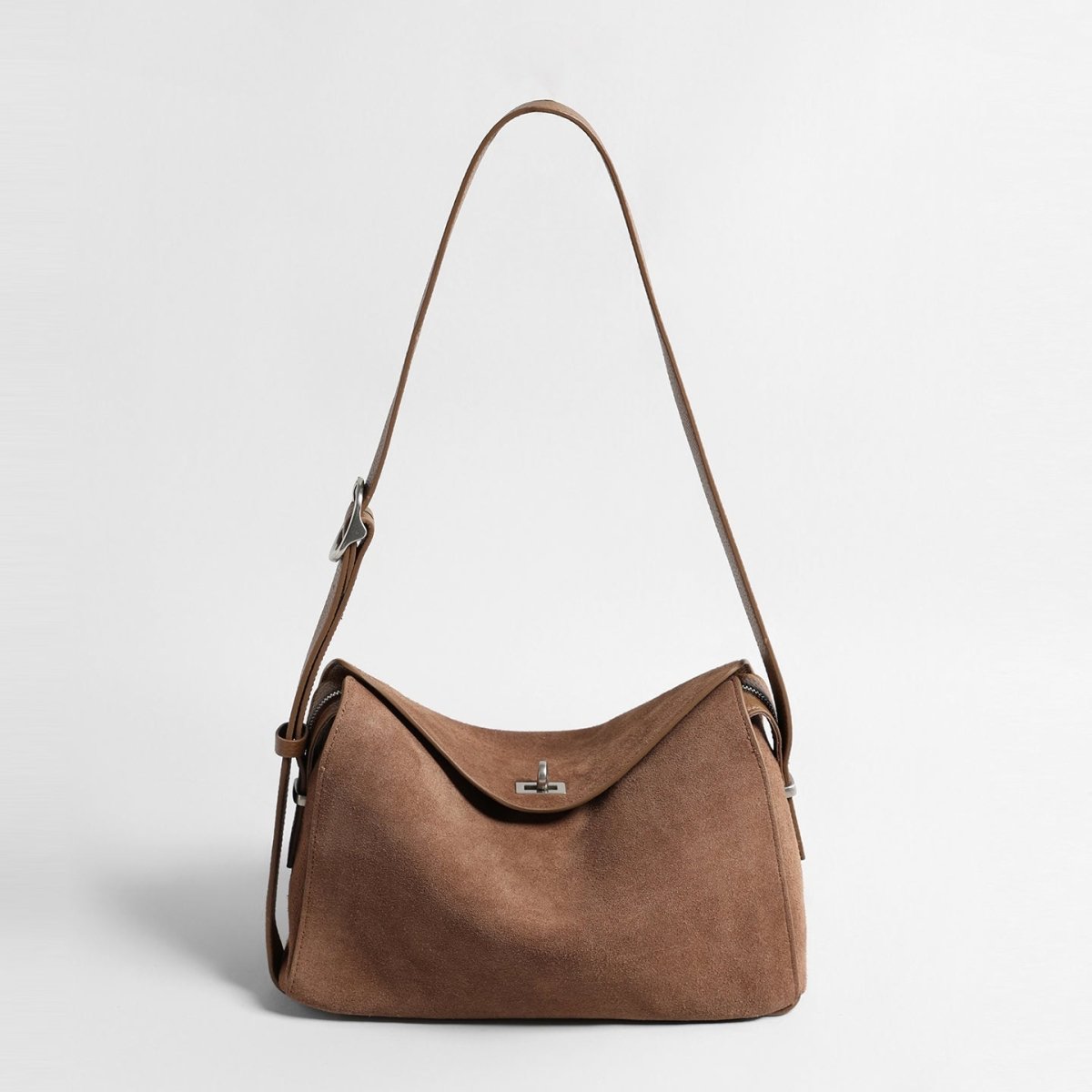 Suede Turn-Lock Hobo Bag – Adjustable Leather Strap Crossbody Bag