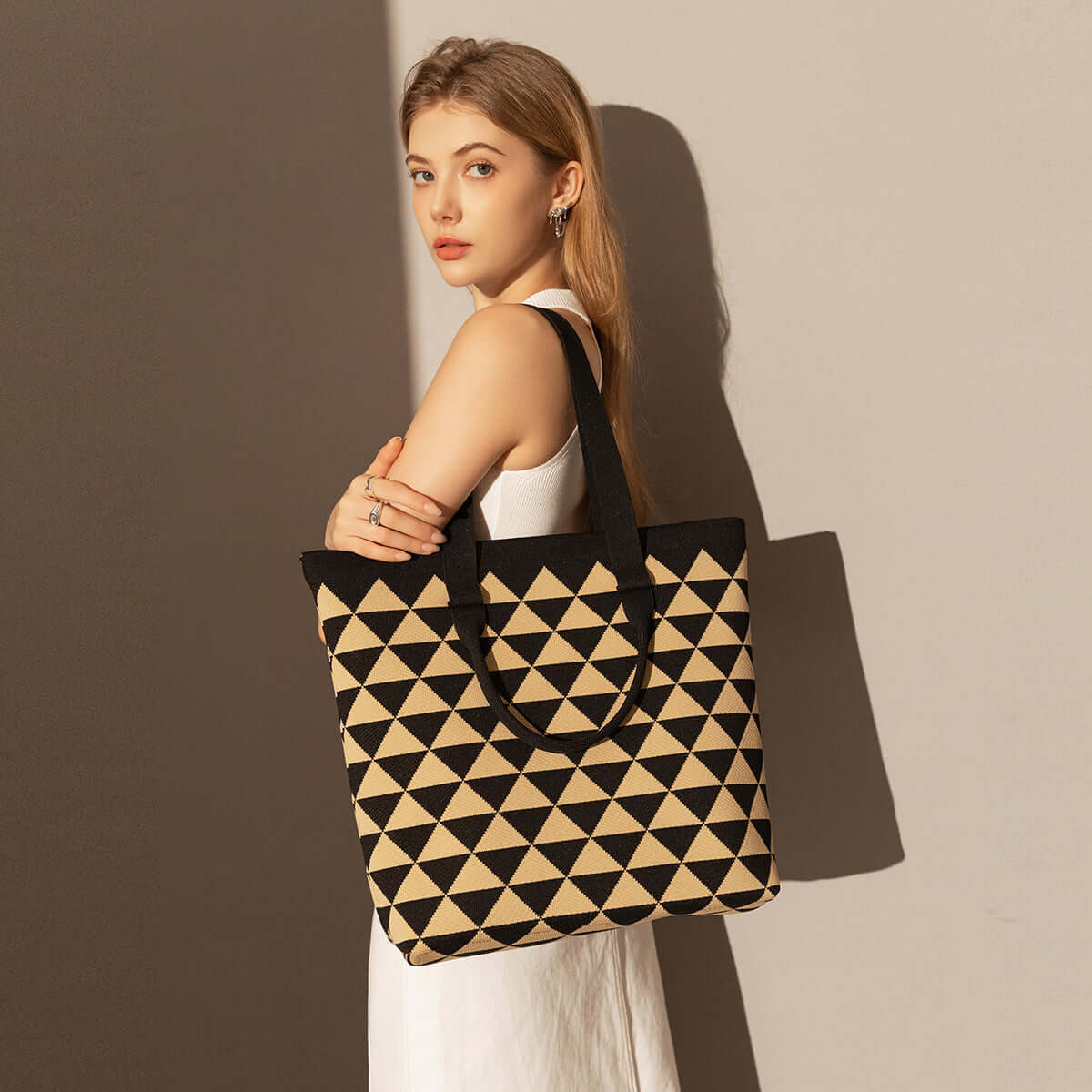 triangle checkered khaki canvas tote bag khaki 5