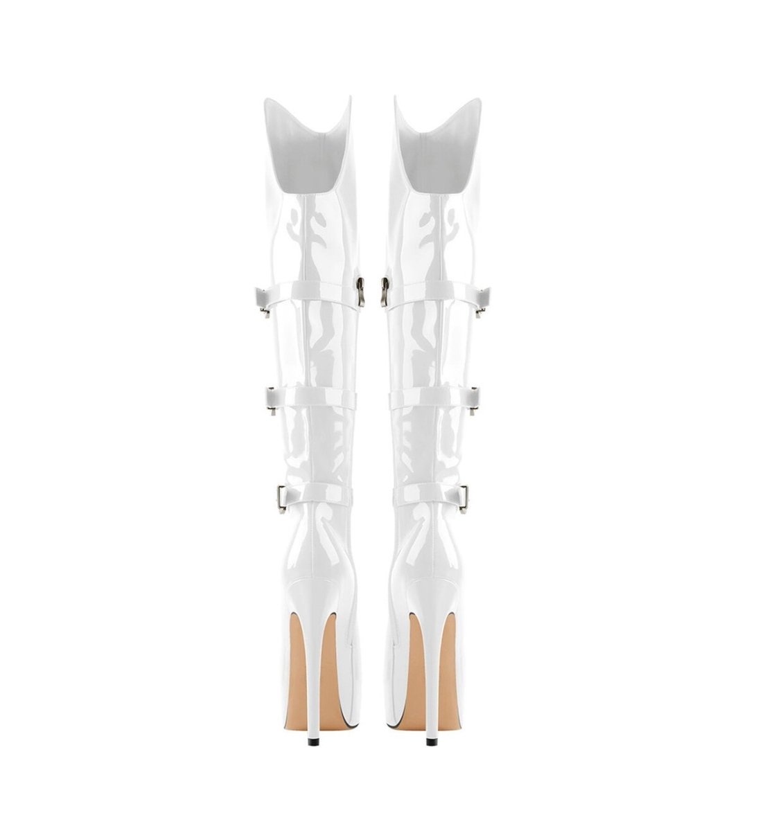 Triple Buckle Patent Knee High Platform Boots with Stiletto Heel
