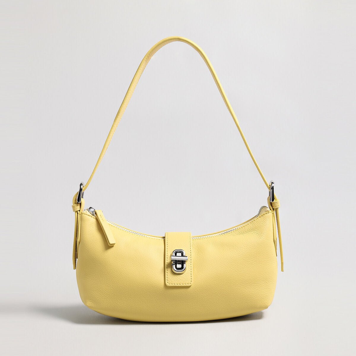 Turn-Lock Crescent Baguette Bag – Minimalist Leather Shoulder Purse
