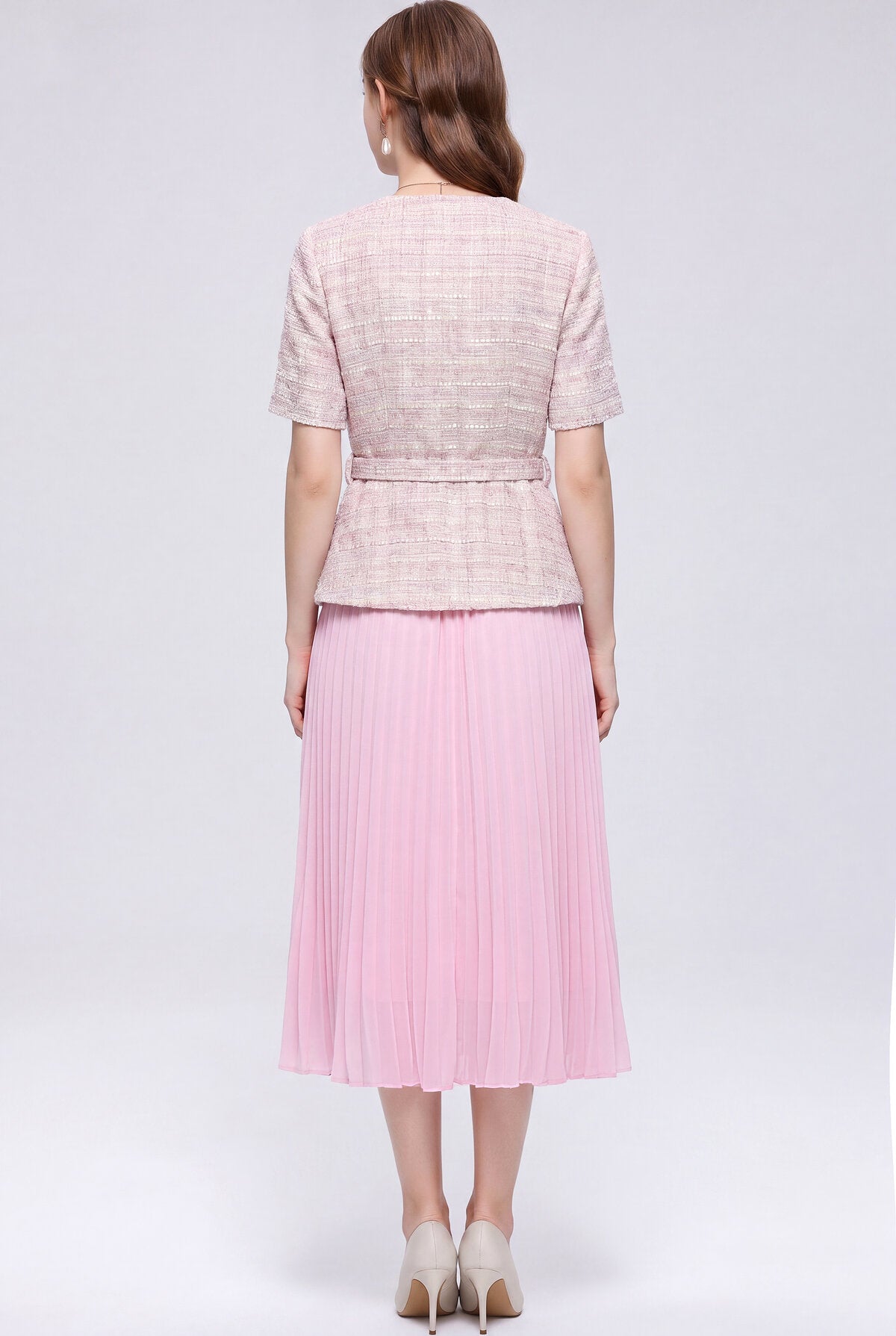 Tweed Peplum Midi Dress with Jewel Buttons and Pleated Chiffon Skirt