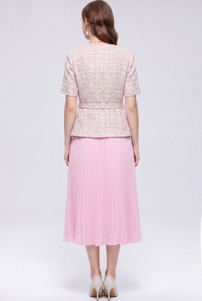 Tweed Peplum Midi Dress with Jewel Buttons and Pleated Chiffon Skirt