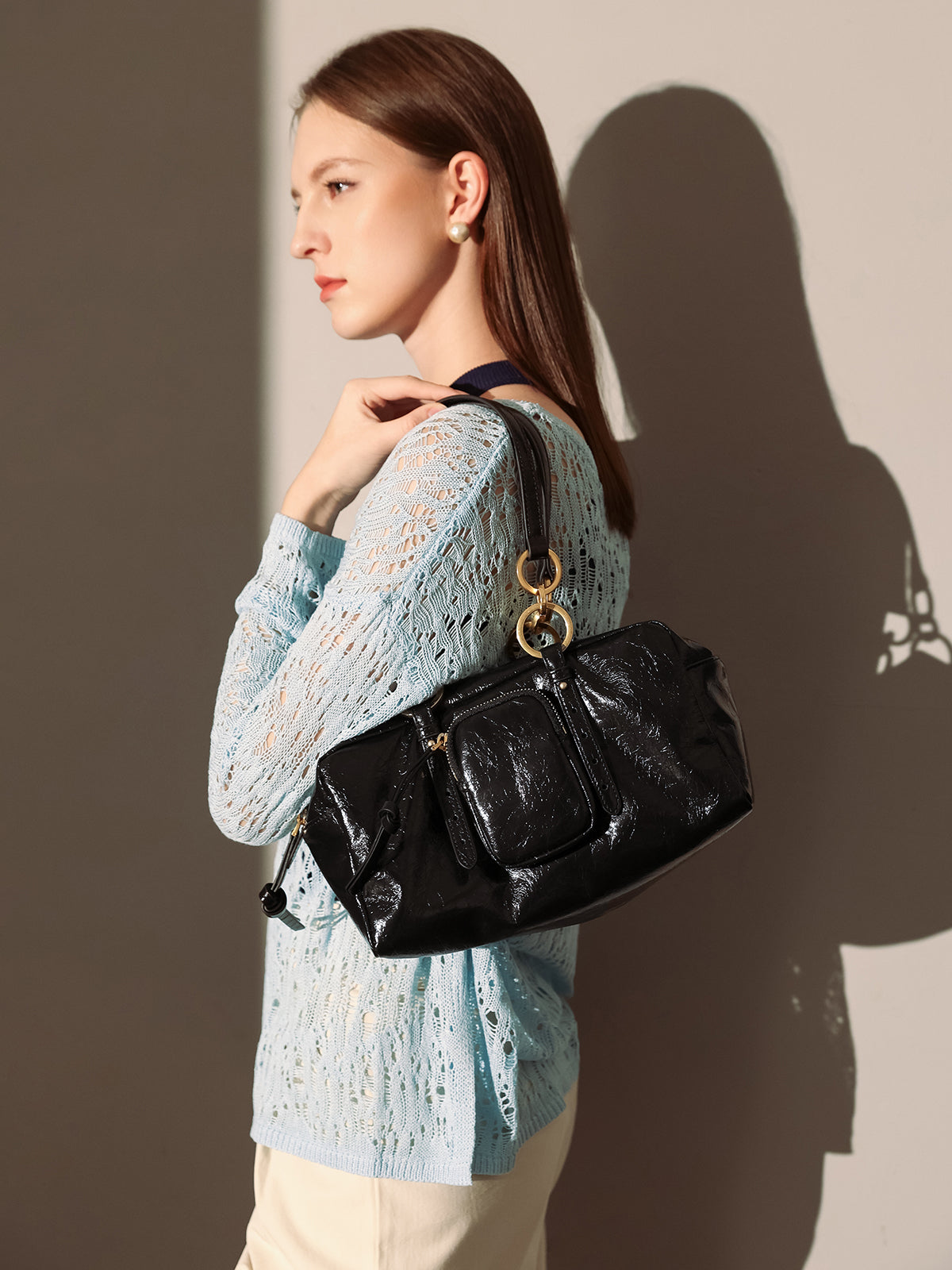 two way shiny wrinkled leather shoulder bag large black 2