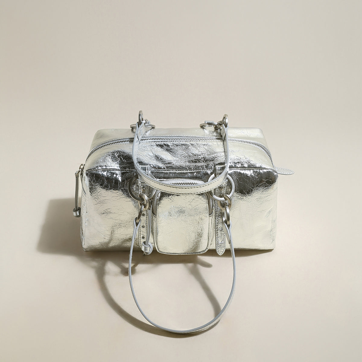 two way shiny wrinkled leather shoulder bag large silver 1