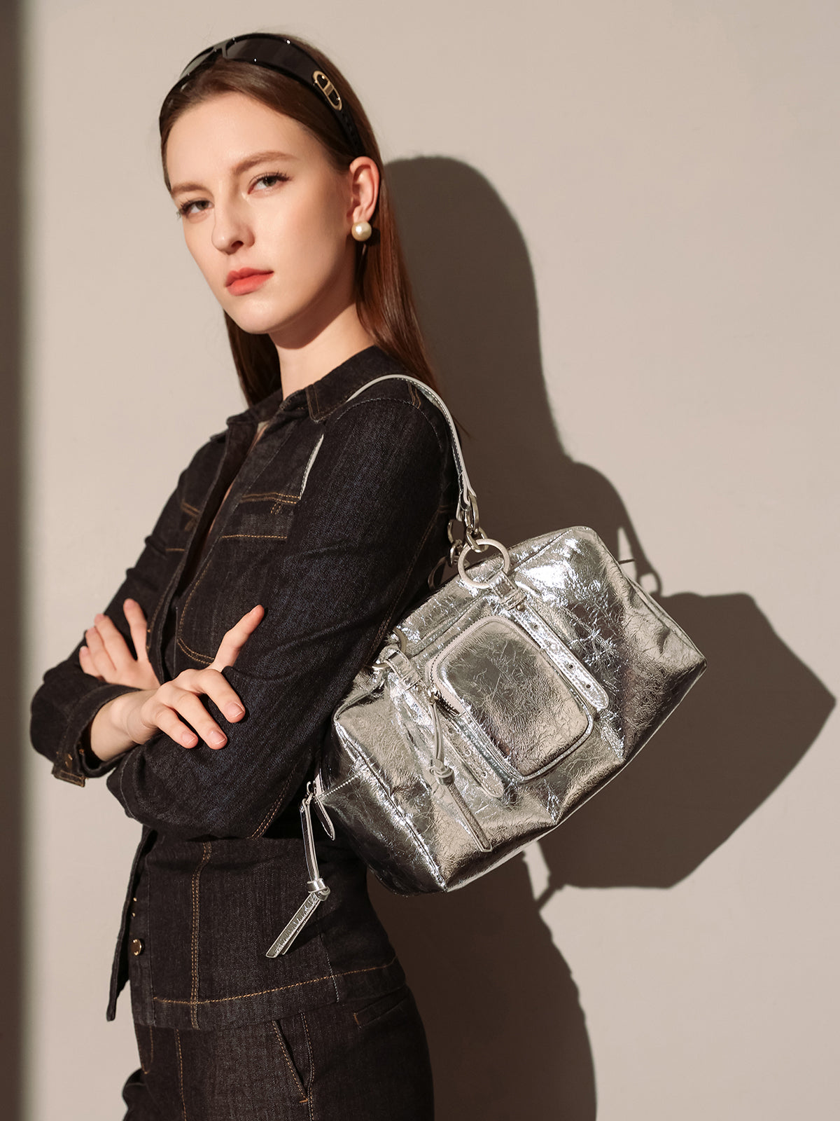 two way shiny wrinkled leather shoulder bag large silver 3