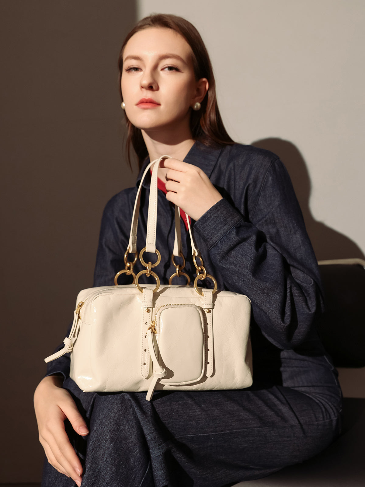 two way shiny wrinkled leather shoulder bag large white 2