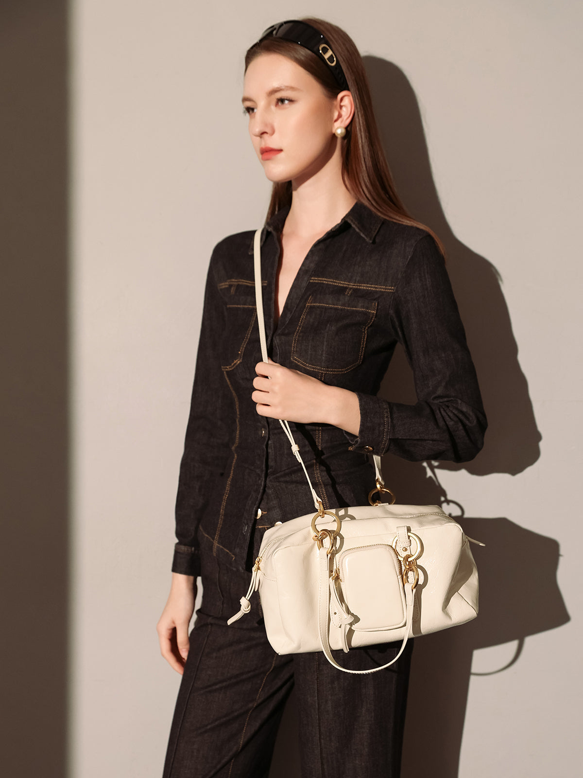 two way shiny wrinkled leather shoulder bag large white 3