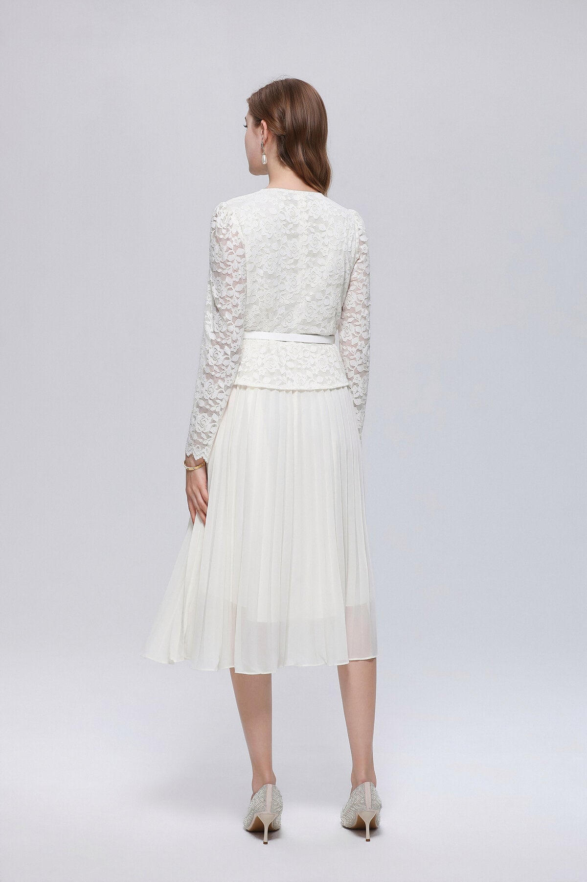 V-Neck Lace Peplum Midi Dress with Pearl Buttons and Pleated Skirt