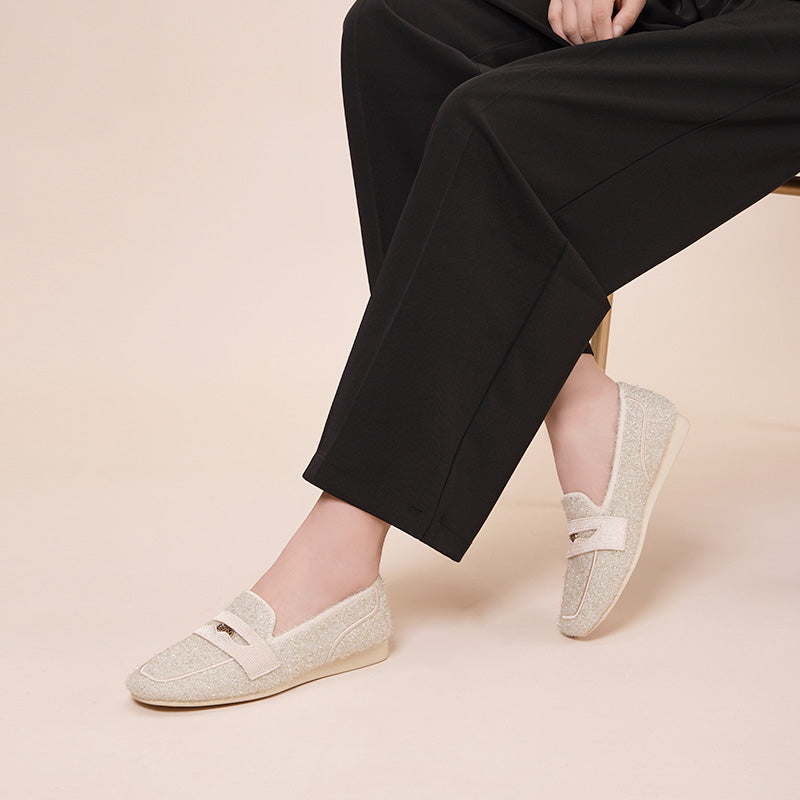 Versatile Soft Sole Slip On Tweed Loafers – Metallic Shimmer Knit Wedge Flats
