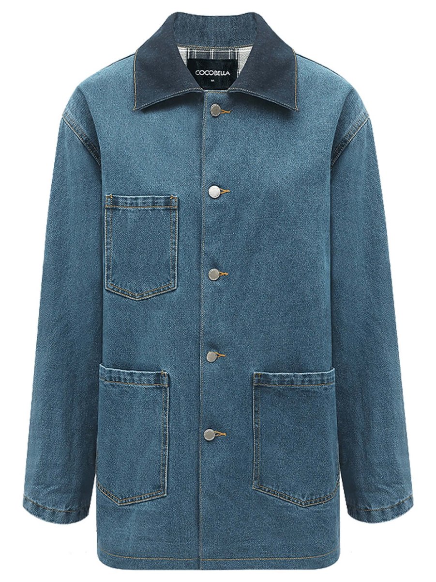 vintage long denim jacket with plaid lining all blue 4