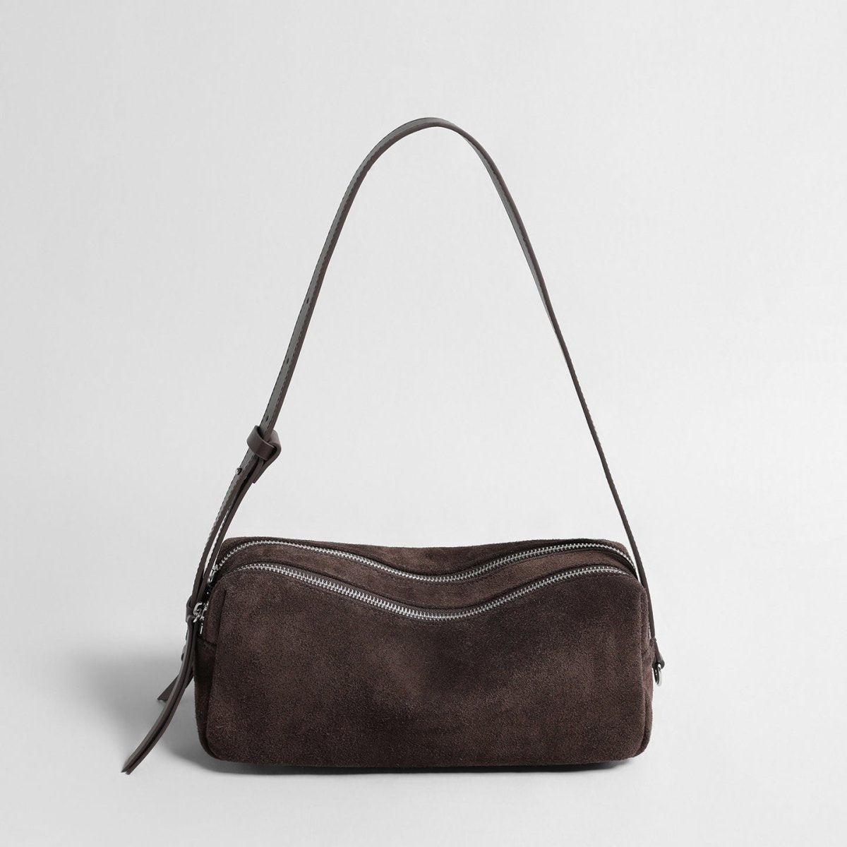 Vintage Suede Cylinder Baguette Bag – Dual-Zip Shoulder & Crossbody Bag