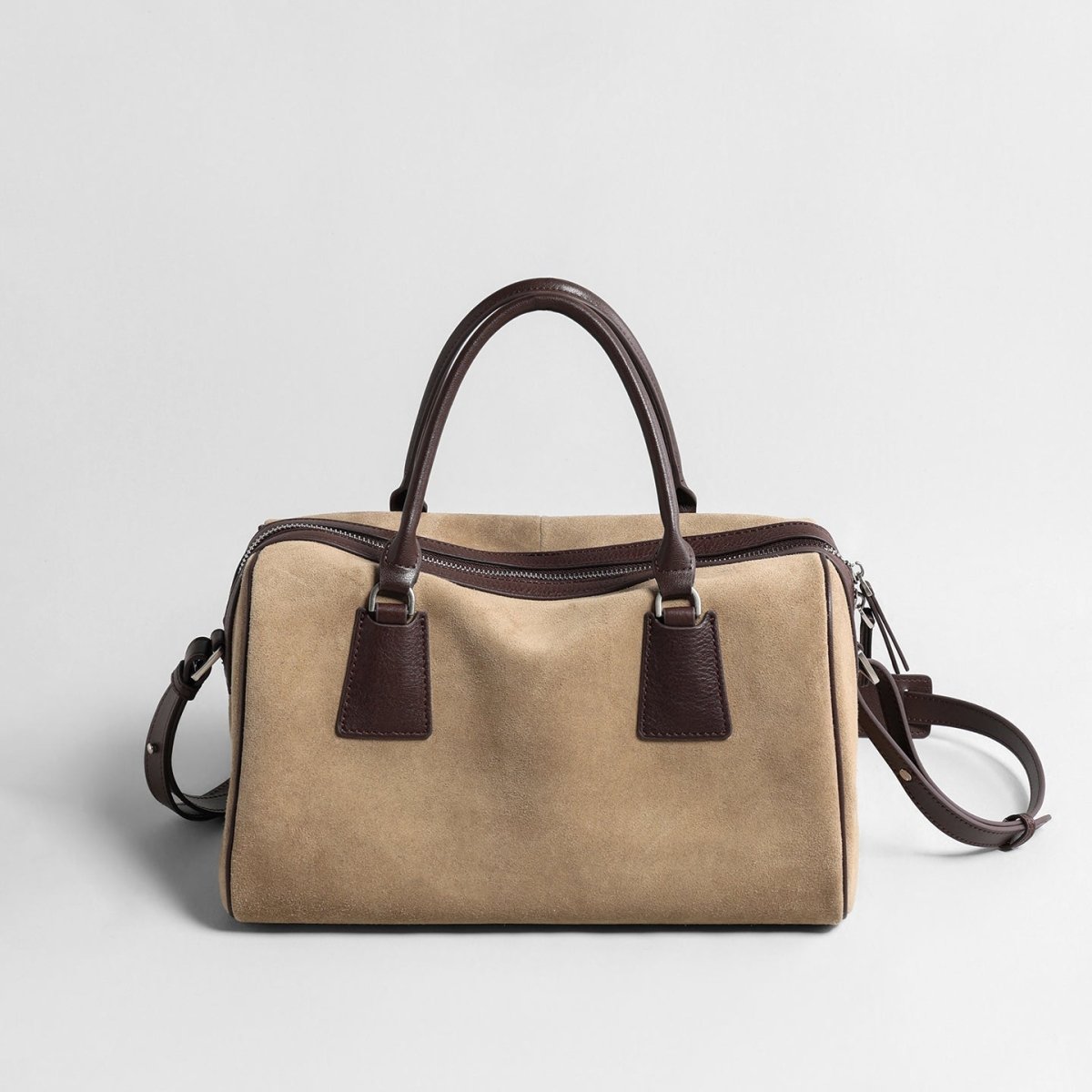 Vintage Suede Leather Boston Bag – Contrast Leather Handle Crossbody Handbag