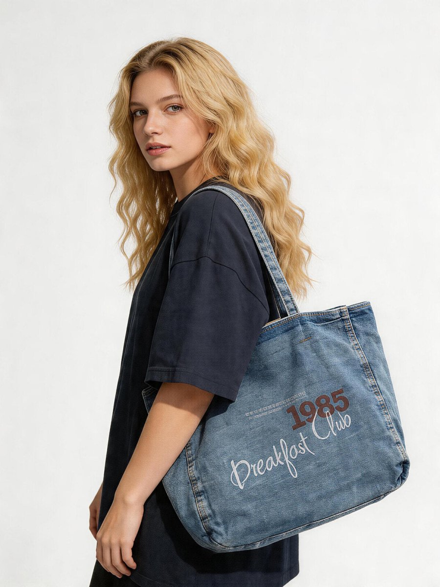 Vintage Washed Denim Large Capacity Tote – "1985 Breakfast Club" Graphic Commuter Shoulder Bag