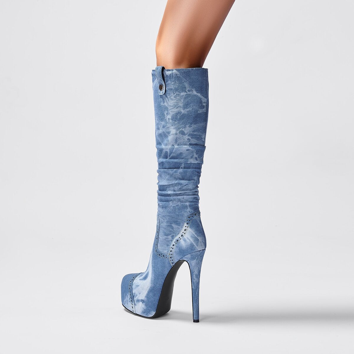 Washed Denim Slouchy Platform Knee High Stiletto Boots