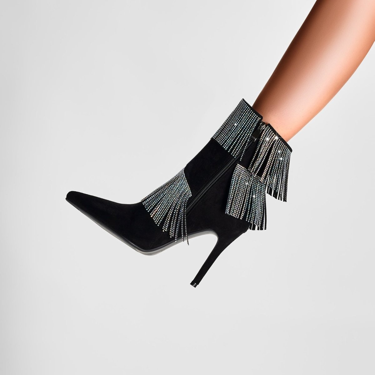 Waterfall Fringe Black Pointed Toe Stiletto Boots - 0cm