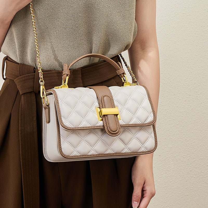 White Quilted Leather Satchel Bag with Gold Chain Strap