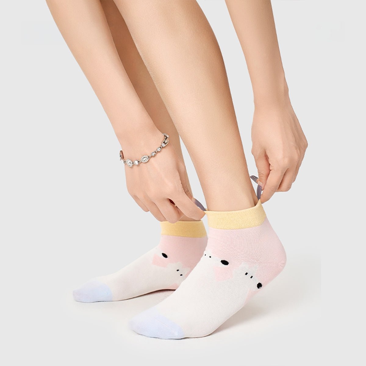 Cute Pastel Animal Illustration Ankle Socks – Women's 5 - Pair Thin Summer Set