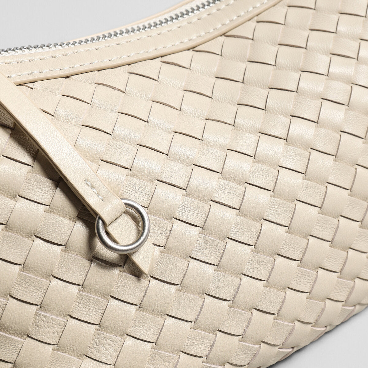 Woven Lambskin Leather Crescent Shoulder Bag – Intrecciato Weave with Adjustable Strap