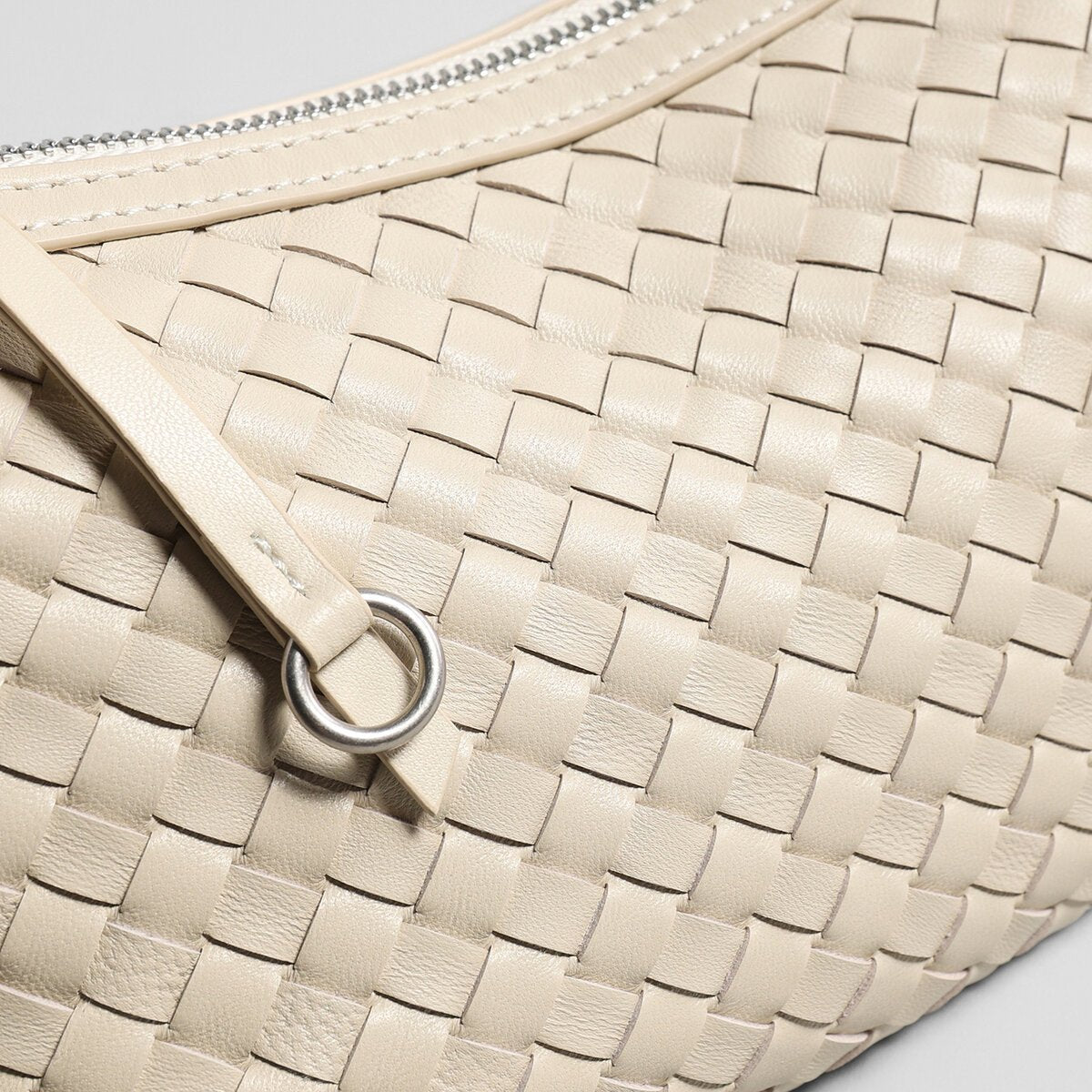 Woven Lambskin Leather Crescent Shoulder Bag – Intrecciato Weave with Adjustable Strap