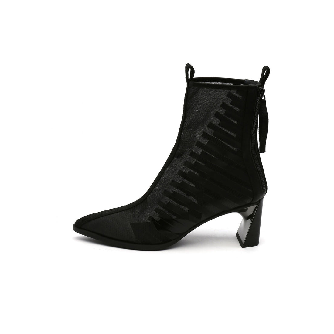 Pointed-Toe Black Strip-Pattern Mesh Surface Black Ankle Boots