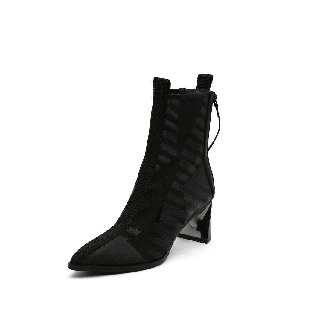 Pointed-Toe Black Strip-Pattern Mesh Surface Black Ankle Boots