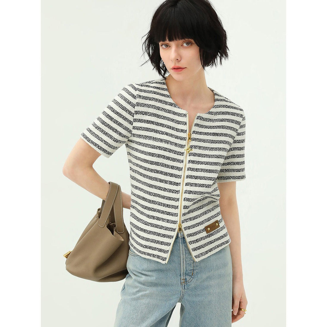 Amour Pure Collar Short-sleeve Stripe Jacket - 0cm