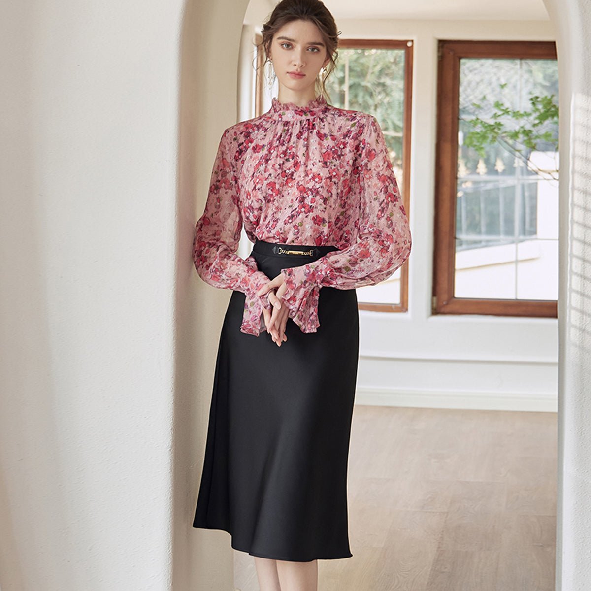 Belted A Line Black Midi Skirt   0cm